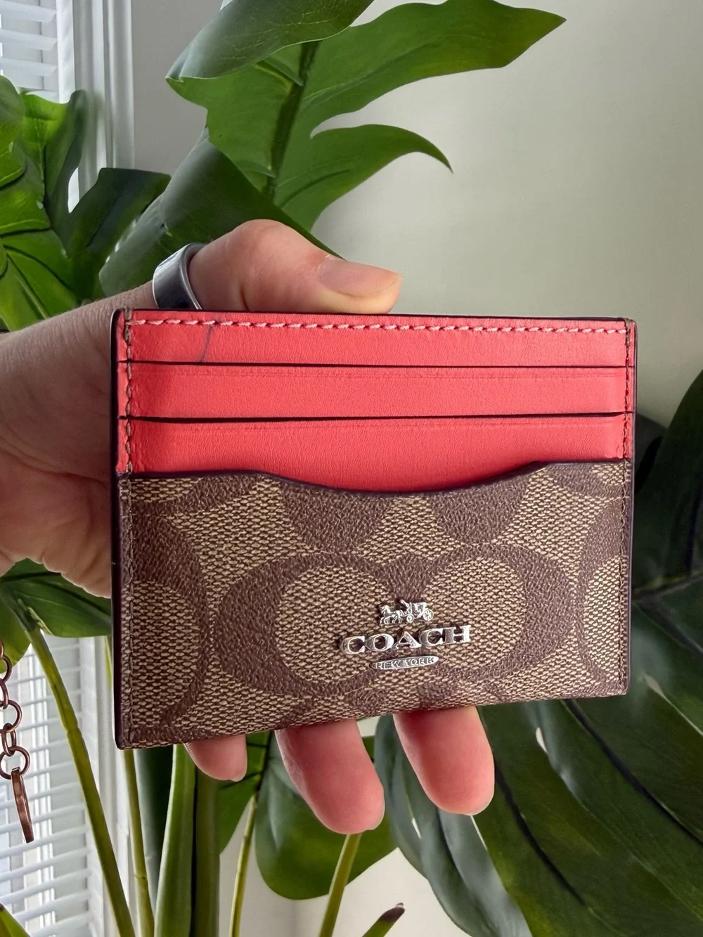 Coach Signature Canvas Card Case in Brown and Coral